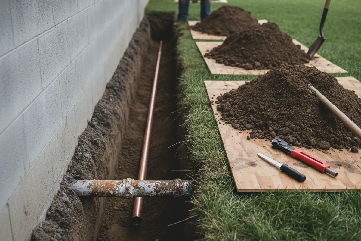 Excavated water line trench during Water Softener Installation in Mineral